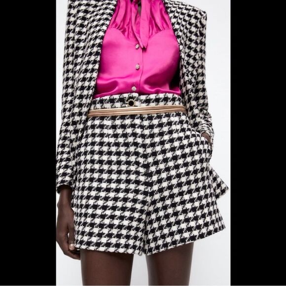ZARA - Houndstooth Tweed High Waist Shorts sz L - Picture 4 of 10